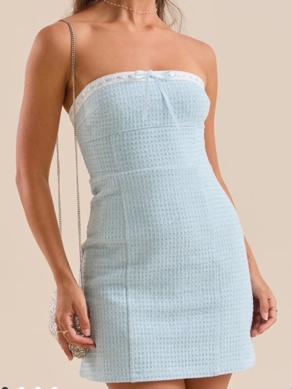 Altar’d State Women L Light Blue Coquette Strapless Addie Tweed Mini Dress NWOT